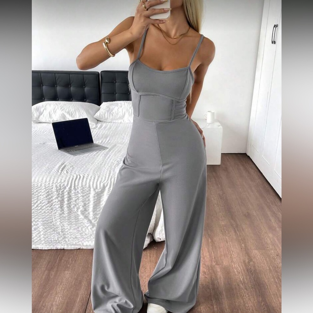 Gray Jumpsuit sporty style stitch casual one piece wide leg - Picture 3 of 4
